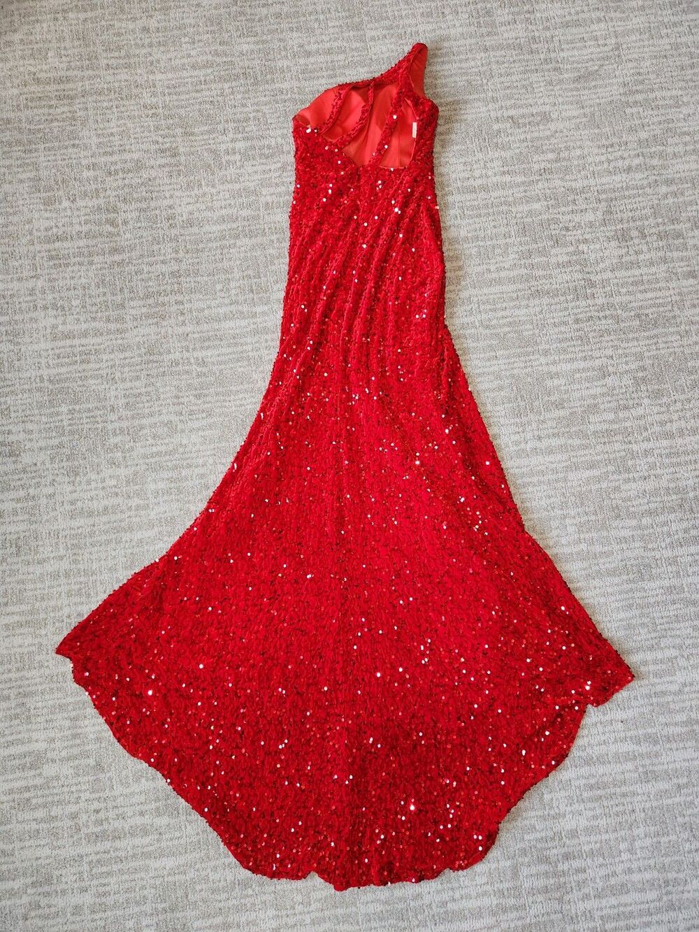 Red Sequin One Shoulder Crushed Velvet Maxi Dress with High Slit size 00 - Picture 8 of 12
